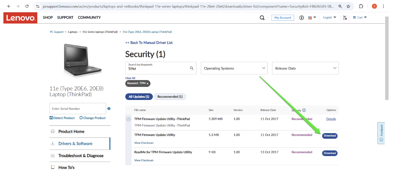 Click Security to reveal the TPM firmware update